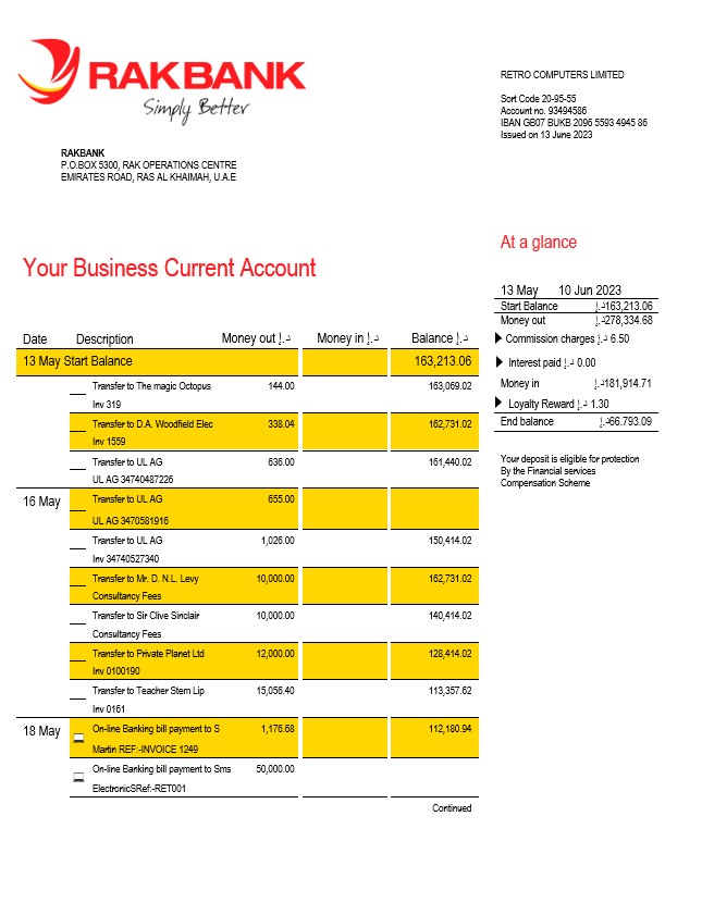 Modèle Word et PDF de relevé de compte d'entreprise Rakbank